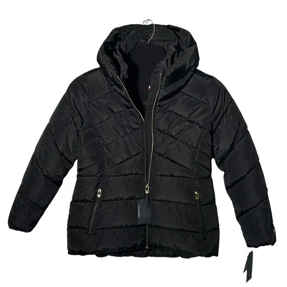 Tommy Hilfiger Women's Zip-up Short Puffer Coat Size L Black Zippered Pockets - Picture 7 of 16
